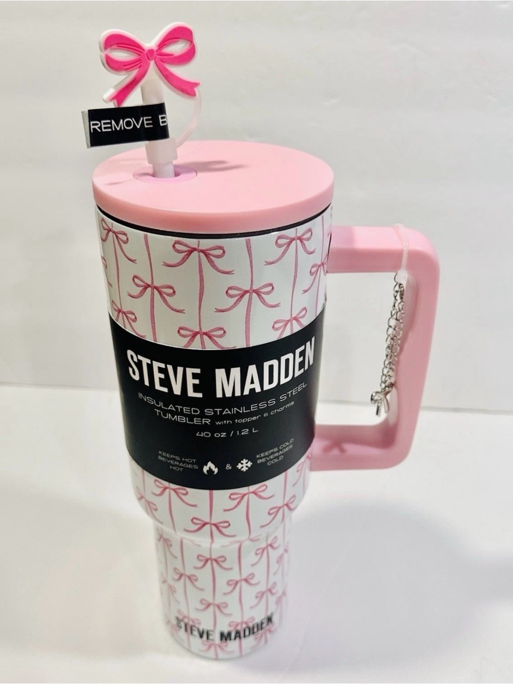 Steve Madden Pink Bow Stainless Steel Tumbler with Charm
